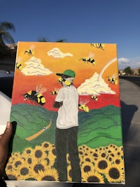 a painting of a man with bees and sunflowers